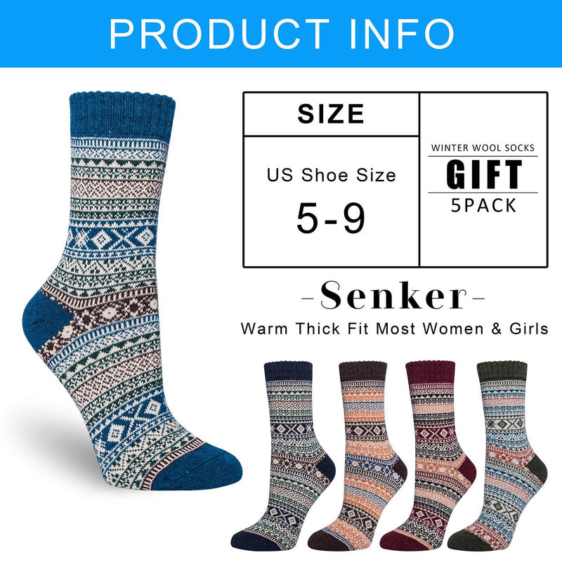 5 Pack Womens Wool Socks Winter Warm Socks Thick Knit Cabin Cozy Crew Soft Socks Gifts for Women Large A-blue/Dark Blue/Brown/Red/Green - BeesActive Australia