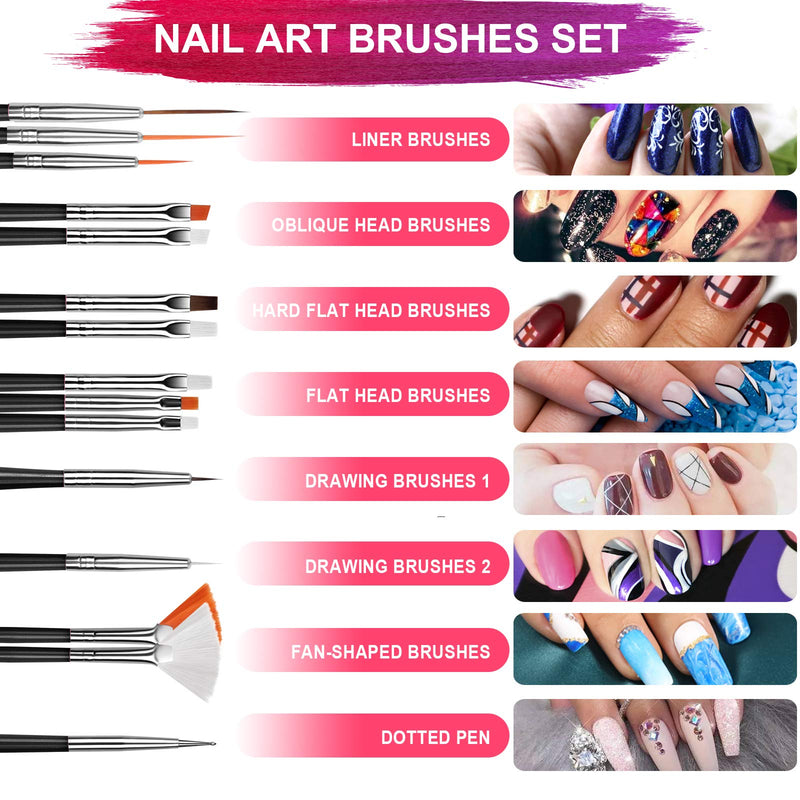 Nail Art Brushes, Teenitor 3D Nail Art Paiting Design Brushes, 15 Nail Gel Brushes, Nail Dotting Pen 5pcs, 12 Colors Nail Rinestones & 10 Adhesive Nail Striping Tape for False Acrylic Nails-Black - BeesActive Australia