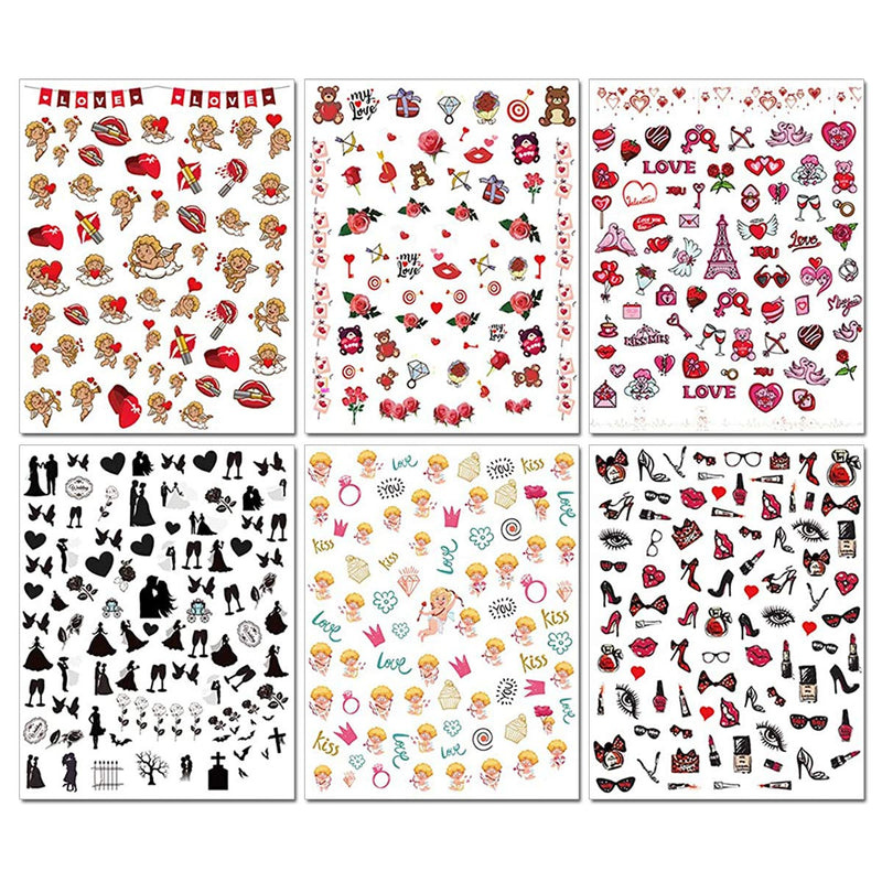 SILPECWEE 12 Sheets Valentine's Day Adhesive Nail Art Stickers Decals Set 1Pc Tweezers 3D Nail Strips Lips Tips LOVE Heart Manicure Kit NO1 - BeesActive Australia