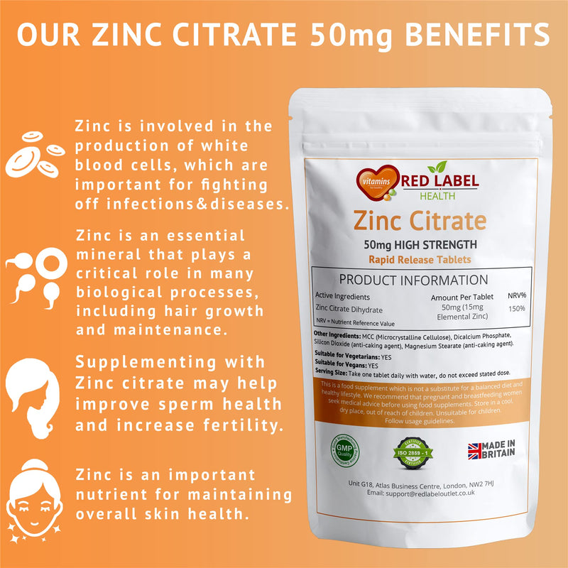 Zinc Citrate 50mg - 365 Tablets (1 Year Supply) - High Strength Supplement - Immune Function, Fertility & Healthy Bones, Vision, Hair, Nails and Skin for Men & Women | Vegan | Made in UK. 365 count (Pack of 1) - BeesActive Australia