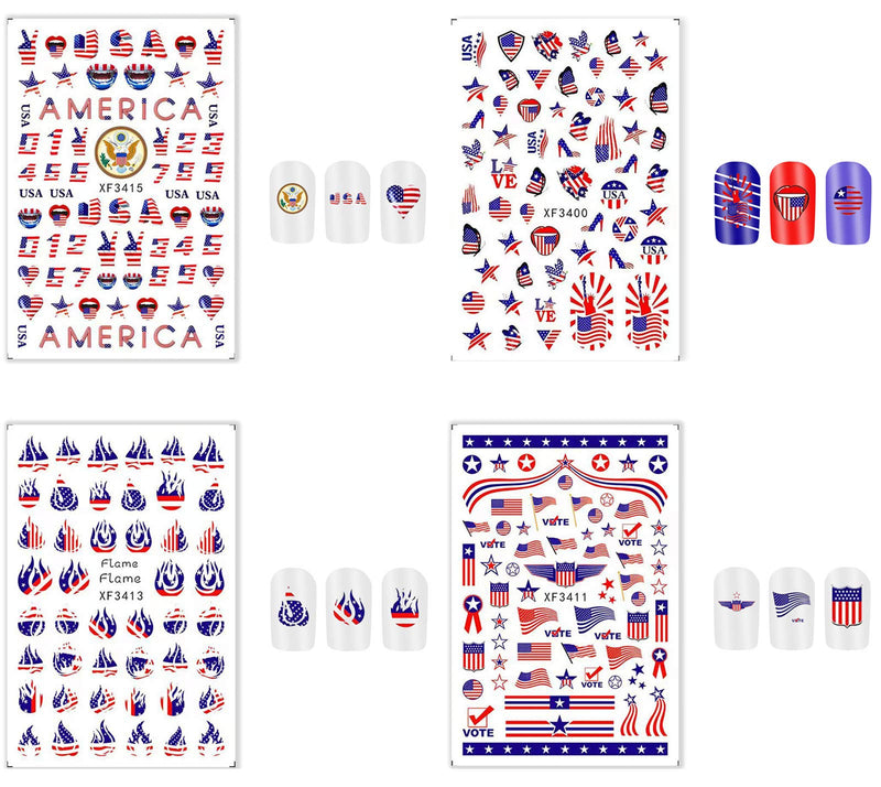 4th of July Nail Art Stickers Decals Patriotic Designer Nail Stickers 3D Nail Art Supplies Self Adhesive American Flag Heart Star Lips Butterfly Flame I Love America Nail Stickers (8 Sheets) A-1 - BeesActive Australia