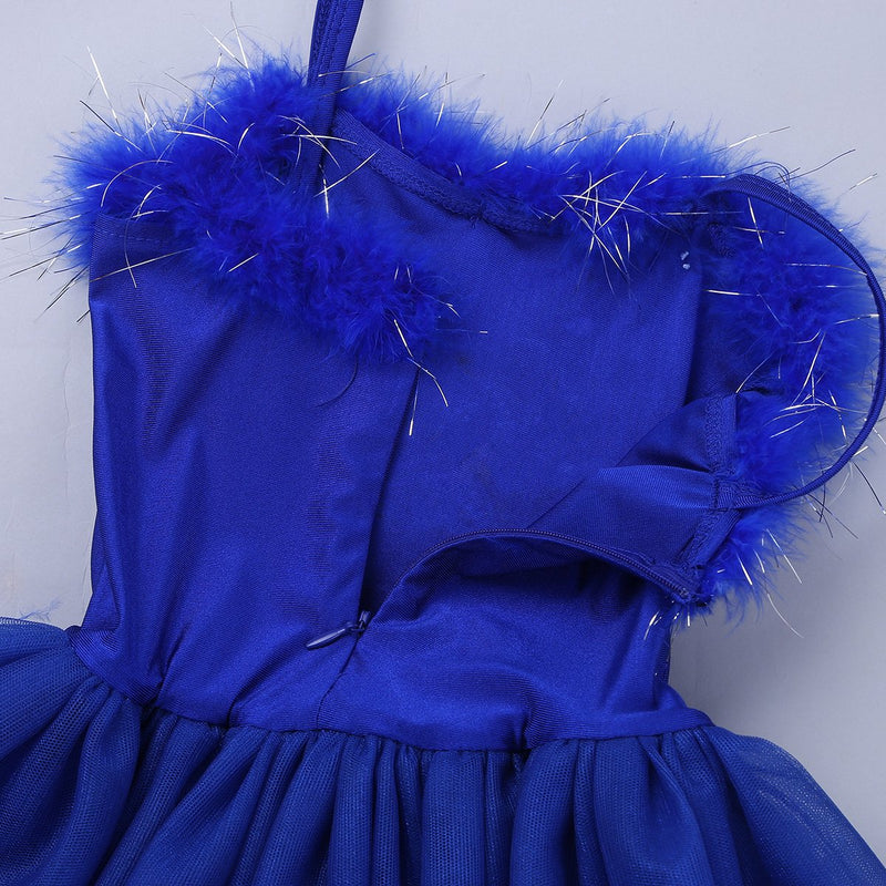 [AUSTRALIA] - winying Girls Ballet Dance Outfit Faux Fur Sequins Swan Tutu Dress with Fingerless Gloves Hair Clip Set Blue 7-8 