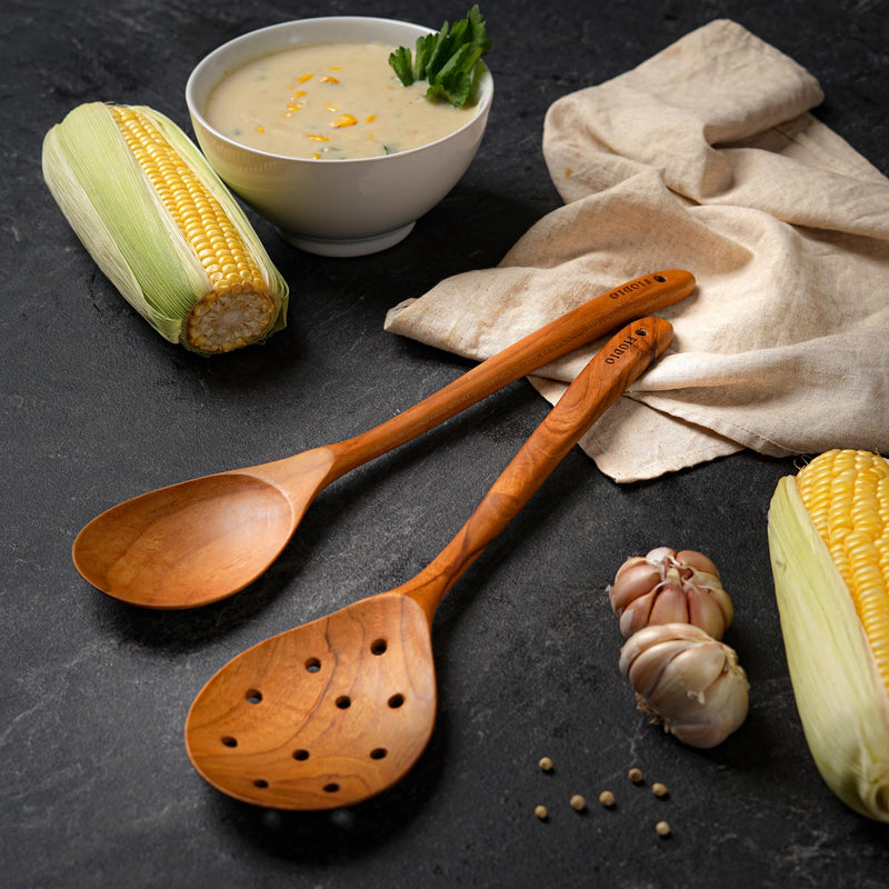 2 Pcs 13.5 Inch Teak Wooden Spoon - Mixing Slooted Spoon Heat Resistant Healthy Cooking Tools Handcrafted by Fiodio Home (Spoon & Round Slotted) Spoon & Round Slotted - BeesActive Australia