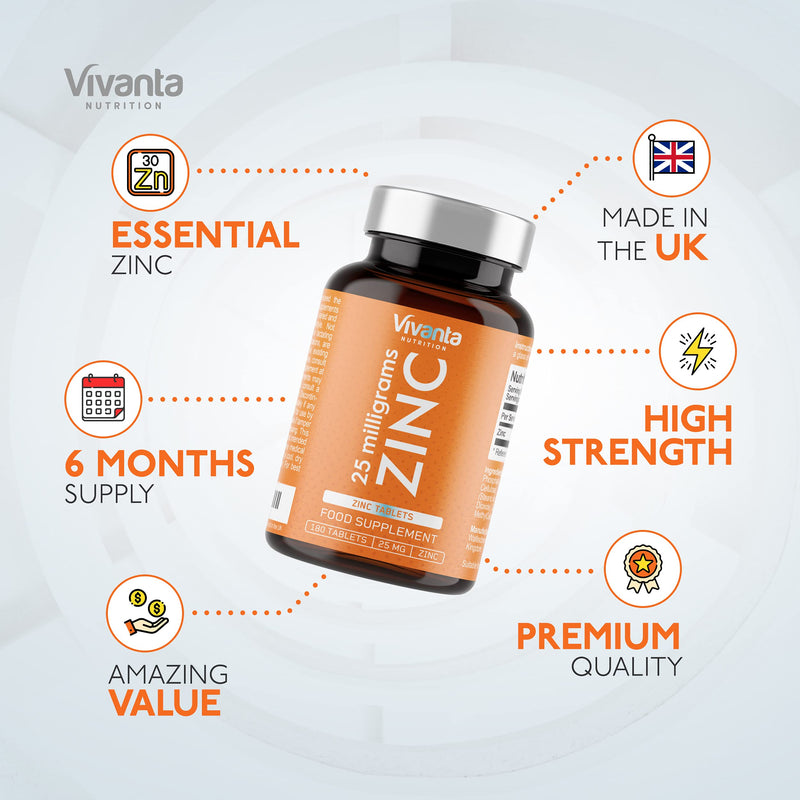 Zinc Tablets 25mg by Vivanta Nutrition - High Strength Zinc Supplement - 180 x Easy Swallow 25mg Elemental Zinc Tablets from Zinc Gluconate - BeesActive Australia