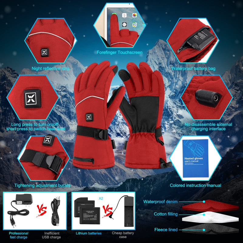 Rechargeable Heated Gloves for Men Women, 3 Heating Levels Electric Hand Warmer Gloves, Waterproof Battery Heating Gloves for Arthritis Mittens Skiing Motorcycle Hunting Cold Winter Work L-Red - BeesActive Australia