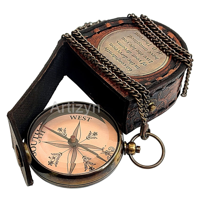 Thoreau's Go Confidently Quote Engraved Brass Compass with 25 Inches Long Chain & Leather case, Copper Dial Compass Locket Compass Camping Compass, Boating Compass, Gift Compass, Graduation Day Gifts - BeesActive Australia