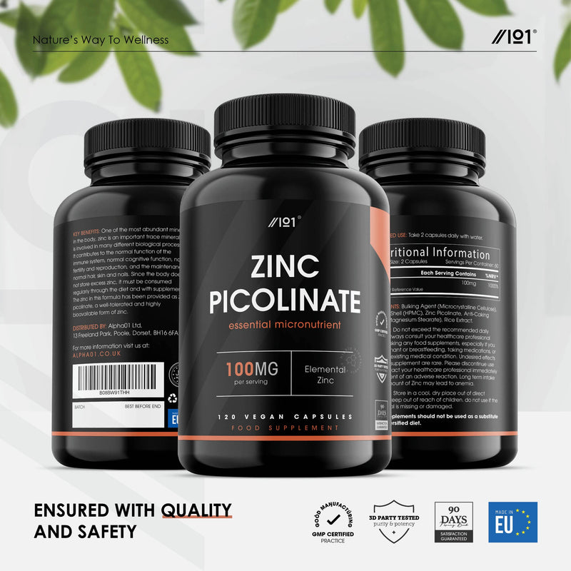 Zinc Picolinate 100mg - 1000% Daily NRV - Elemental Zinc Picolinate - 120 Vegan Capsules - No Additives � Non-GMO, Gluten Free. 120 Count (Pack of 1) - BeesActive Australia