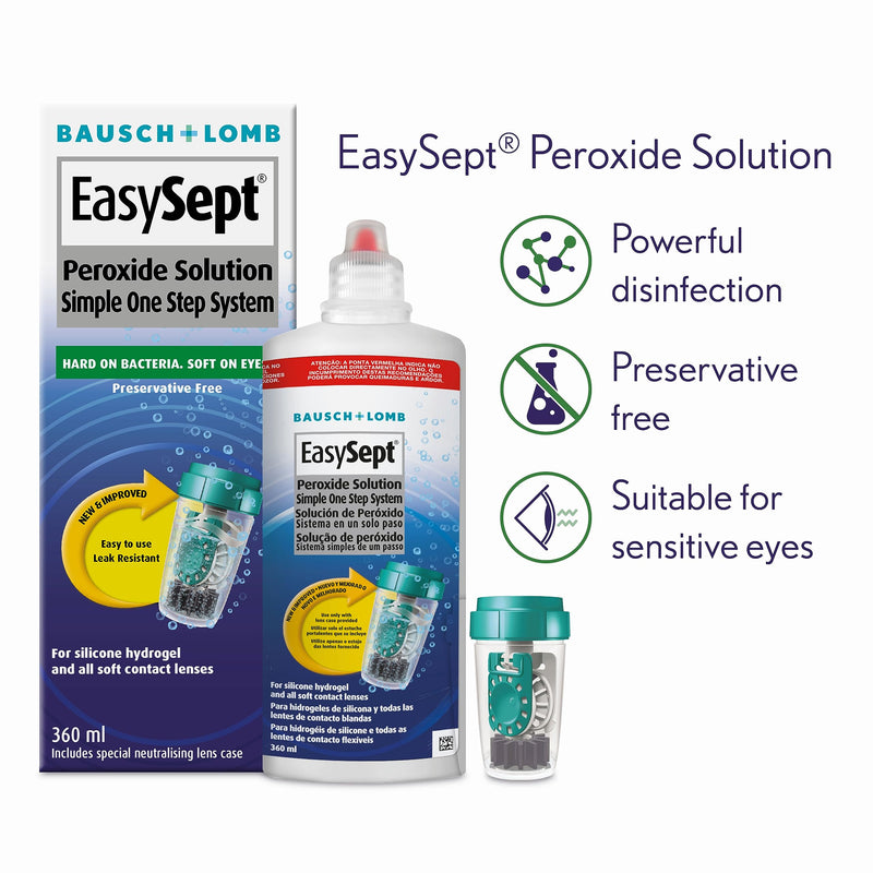 EasySept Peroxide Solution, 360ml - Contact Lens Solution with a simple One Step System for Disinfection of Soft Contact Lenses, Lens Case with Neutralising Disc Included, Suitable for Sensitive Eyes Single - BeesActive Australia