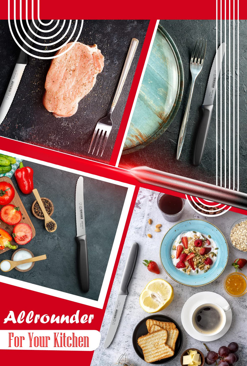 Giesser since 1779, Made in Germany, serrated Utility kitchen knives round tip dishwasher safe 4.5 inch - paring knife, Tomato knife, black steak knives set of 6, restaurant knife - BeesActive Australia