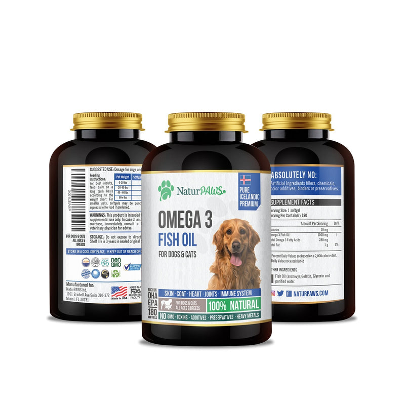 NaturPAWS Omega 3 Fish Oil Supplement for Dogs and Cats - 1000 mg Pure DHA and EPA Omegas - Supports Healthy Coat and Skin, Heart, Immune System, Joints and Hip - 180 softgels - BeesActive Australia