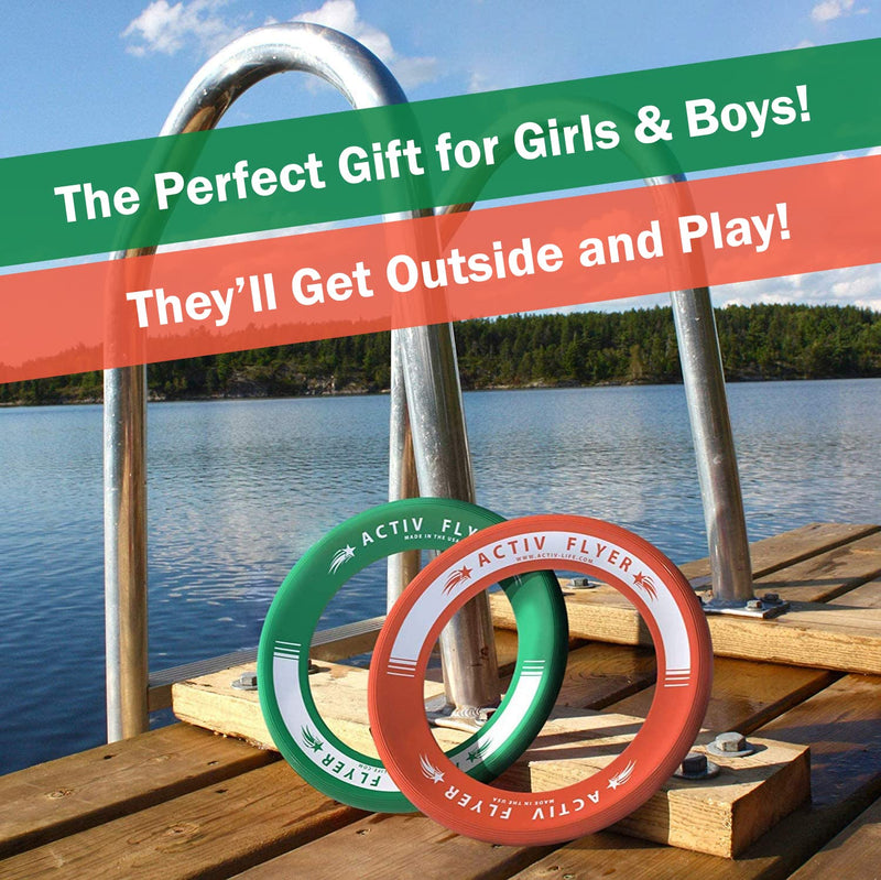 Activ Life Kid's Flying Rings [2 Pack] Fly Straight & Don’t Hurt - 80% Lighter Than Standard Flying Discs - Replace Screen Time with Healthy Family Fun - Get Outside & Play! Made in USA Green/Orange - BeesActive Australia