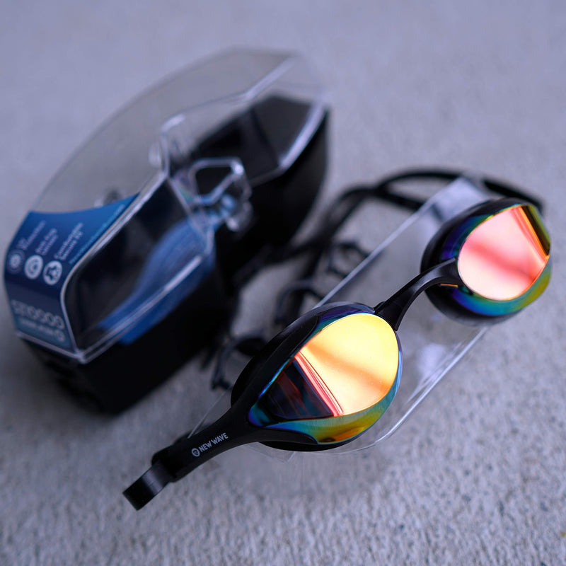 New Wave Swim Goggles with Protective Storage Case - Anti Fog Lenses, Four Nose Bridges for Triathlon & Open Water Swimming Bonfire = Revo Lens in Black Frame - BeesActive Australia