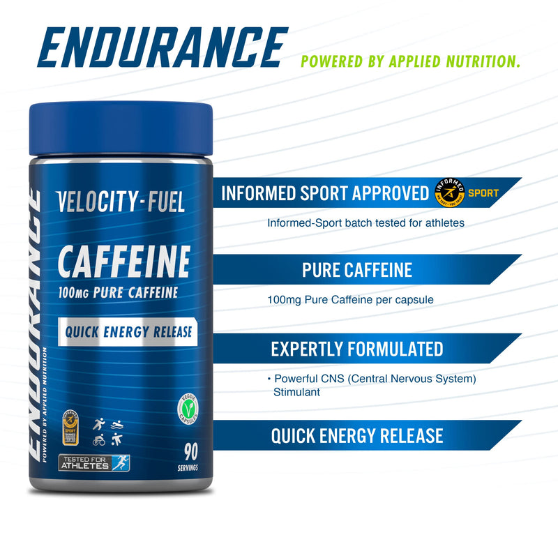 Applied Nutrition | Endurance Caffeine Capsules 100mg - Velocity-Fuel Caffeine, Quick Energy Release, Increase Alertness, Concentration, Boost Endurance Performance, Veggie Capsules, 90 Servings - BeesActive Australia