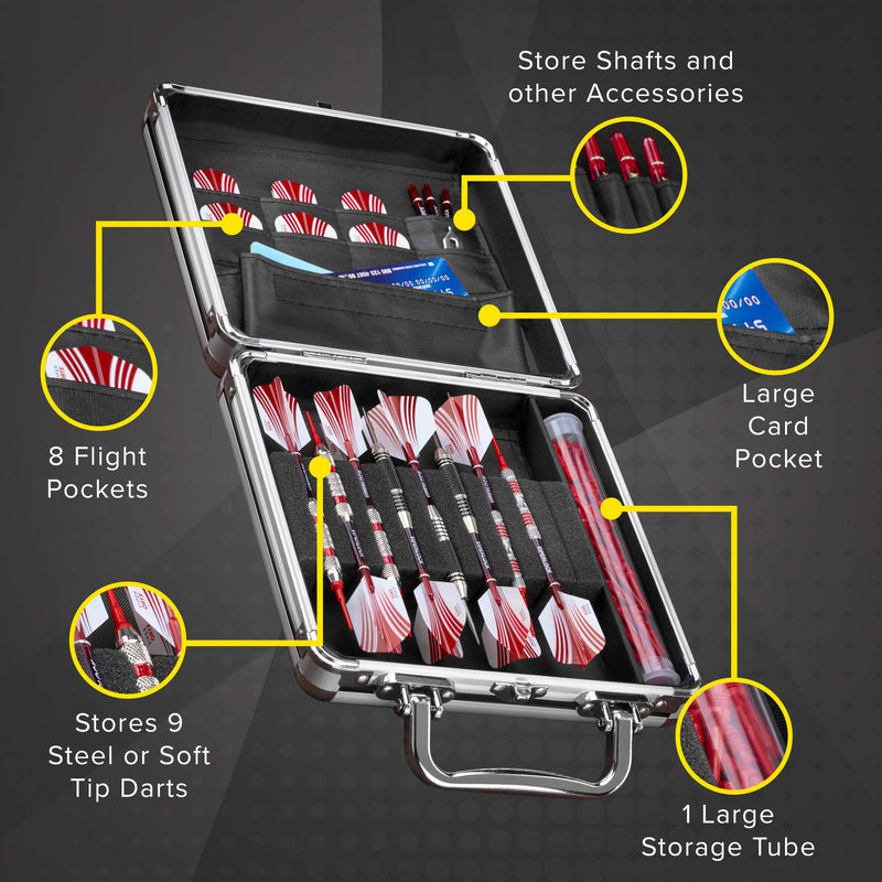 [AUSTRALIA] - Casemaster Ternion Aluminum Dart Carrying Case Holds 9 Darts, Steel Tip or Soft Tip with Flight Saving Space for Every Dart, 8 Pockets for Accessories with A Mega Pocket for Larger Items 