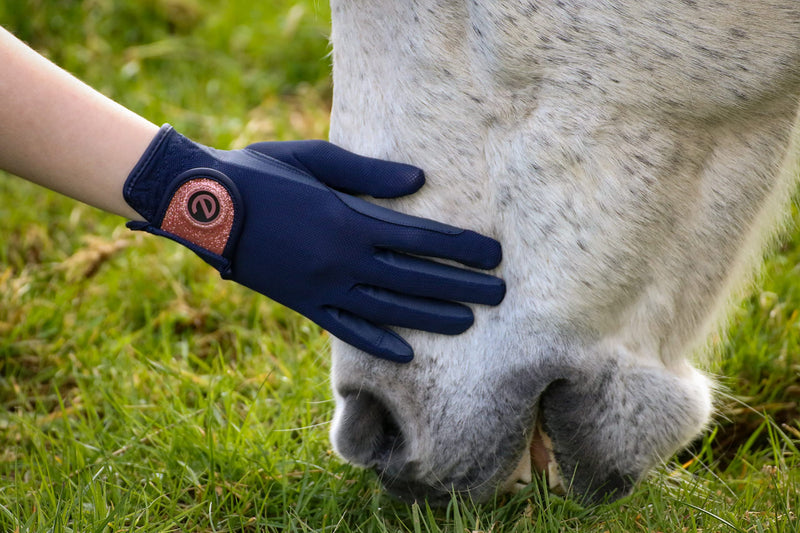 eGlove - eQUEST GripPro X-LITE Horse Riding Gloves - Lightweight, Breathable, Grippy Non-Slip Material - Comfort Mesh Back - Touchscreen Gloves Medium Blue - Rose Gold Glitter Cuff - BeesActive Australia