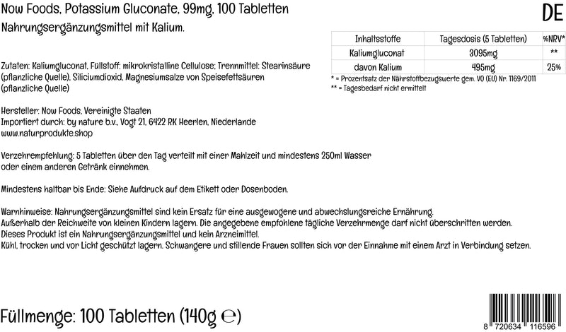 Now Foods, Potassium Gluconate, 99mg, 100 Vegan Tablets, Lab-Tested, Gluten Free, Soy Free, Vegetarian, Non-GMO - BeesActive Australia
