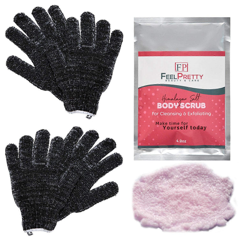 Exfoliating Gloves Set with Pink Himalayan Salt Body Scrub - 2 Pairs Bamboo Charcoal Fiber Shower Gloves & 4.2oz Salt Scrub - Dead Skin Cell Remover - Healthy Skin - BeesActive Australia