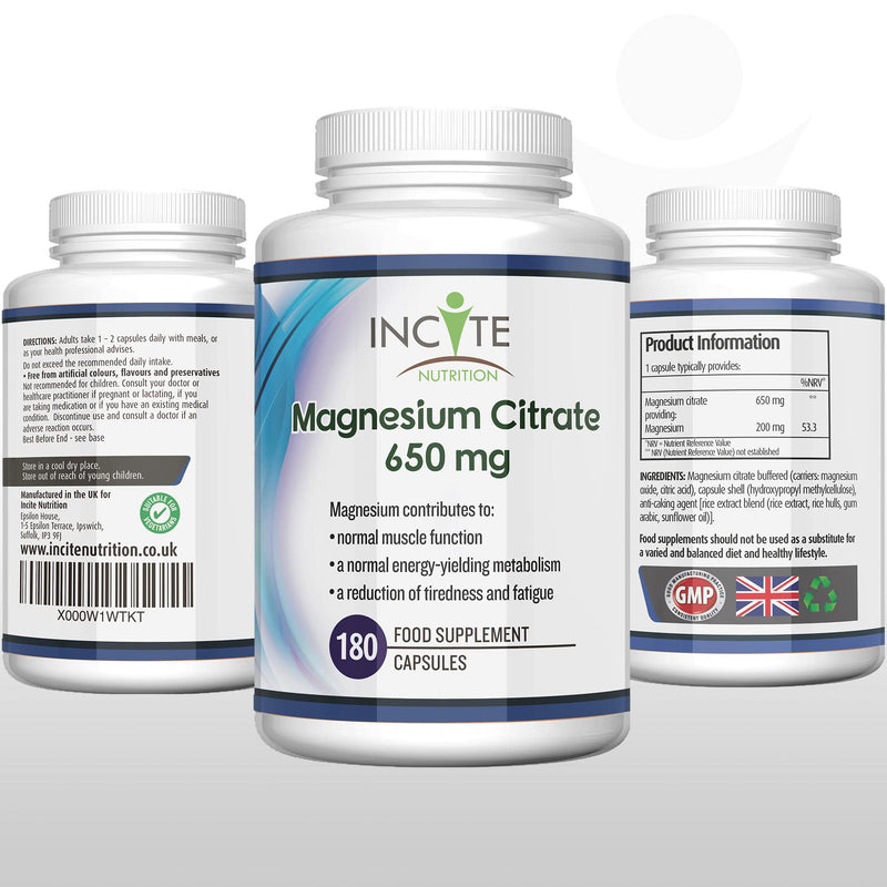 Magnesium Citrate Supplement 650mg | 180 Premium Vegan Capsules not Tablets (6 Month�s Supply) | High Strength Magnesium Citrate | Suitable for Vegetarian | Made in The UK by Incite Nutrition� - BeesActive Australia