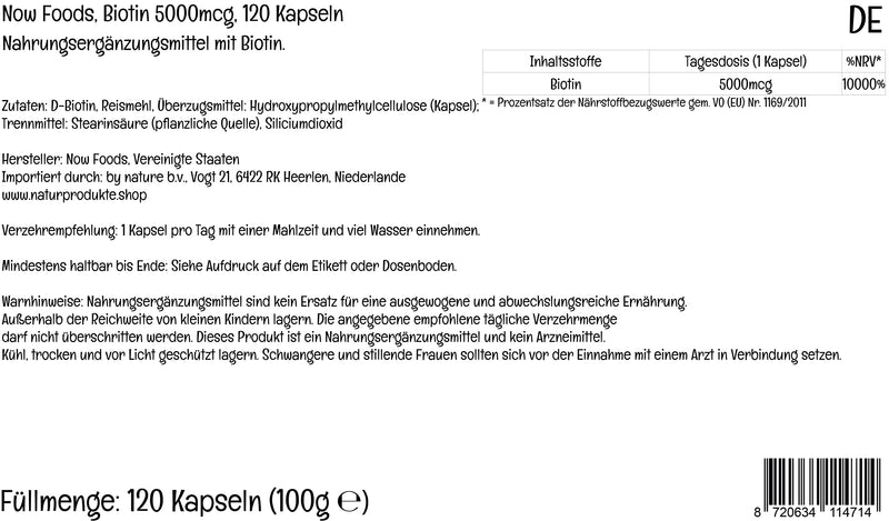 Now Foods, Biotin, 5.000mcg, Vitamin B7, Highly Dosed, 120 Vegan Capsules, Lab-Tested, Gluten Free, Soy Free, Vegetarian, Non-GMO - BeesActive Australia