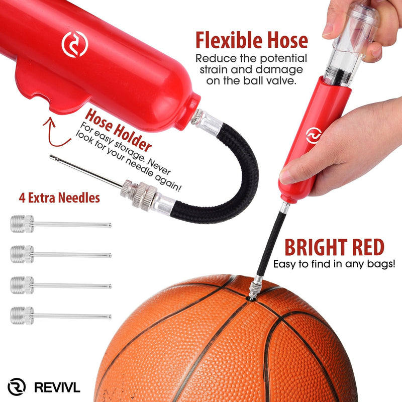 Ball Pump and Needles - Air Pump for Balls, Basketball, Soccer, Volleyball, Football, Sport Ball - Hand Pump for Inflatables - Never Lose Pin Again with Holder - Pumps Two Ways for Faster Inflation Red - BeesActive Australia