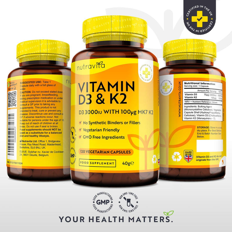 Vitamin D3 3000iu & K2 100ug (MK7) � 120 Vitamin D3 K2 Vegetarian Capsules � Supports Normal Bones, Muscles, Teeth and Immune System � Cholecalciferol & Menaquinone-7 � Made in The UK by Nutravita - BeesActive Australia