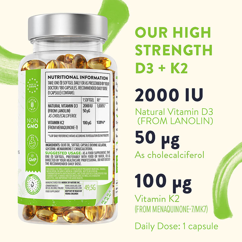 Vitamin D3 K2 with Virgin Olive Oil (2,000 IU Vitamin D with K2 Vitamin 100 ?g - 180 High Strength Vitamin K2 MK7 and Vitamin D Capsules - GMO, Gluten and Lactose Free D3 and K2 Vitamin - BeesActive Australia