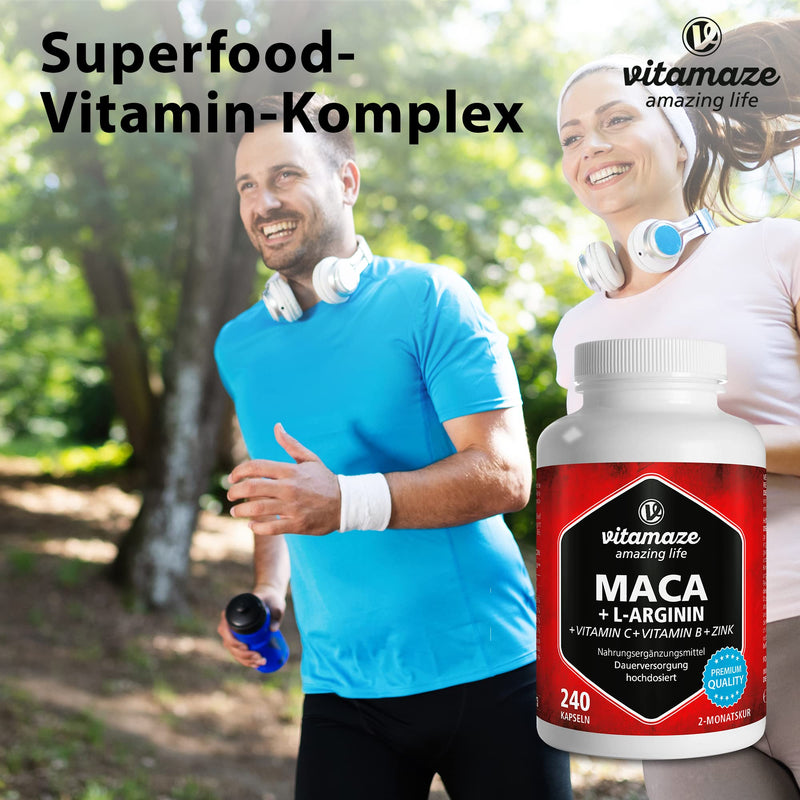 Maca Root Capsules with L-Arginine 5800mg + Vitamins B6, B12 + Zinc - Invigorating Anti-Stress Energy - High Strength 240 Capsules for 2 Months - Organic Supplement, German Quality- Vitamaze Maca Root 4000 mg - BeesActive Australia