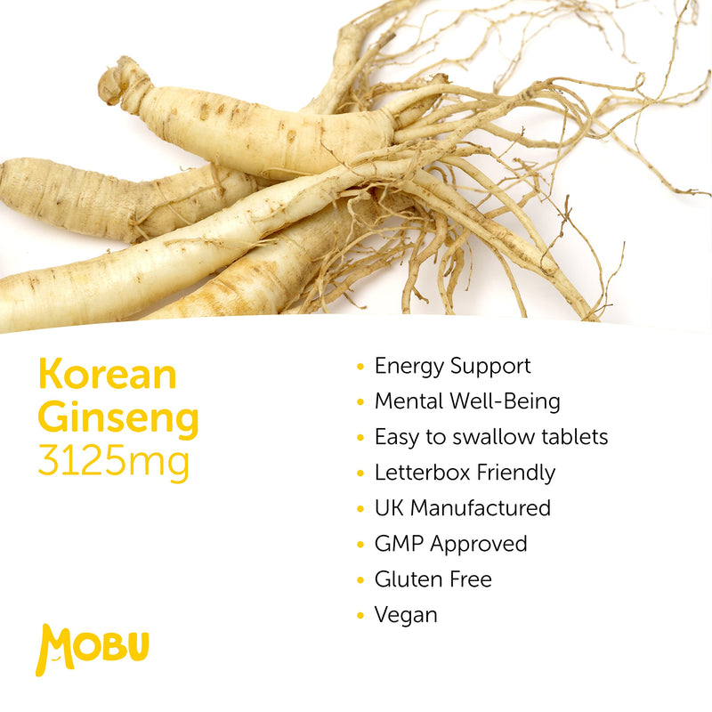 Korean Ginseng Max 3125mg 120 Tablets | High Strength Panax Ginseng | Cognitive Health & Endurance | GMP Approved | Vegan Letterbox Friendly | MOBU UK - BeesActive Australia