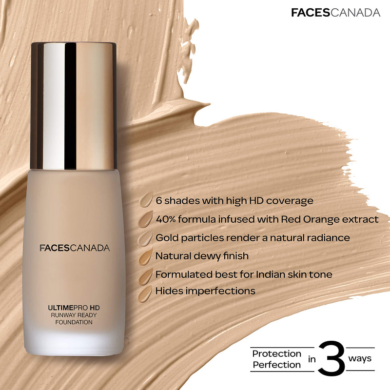 Faces Canada HD Runway Ready Foundation, Red Orange Extract & Gold particles, High Coverage, Oil-Free, Flawless Radiance, Vegan & Cruelty Free, Paraben Free, Ivory 01 (Beige), 1.01 Fl Oz - BeesActive Australia