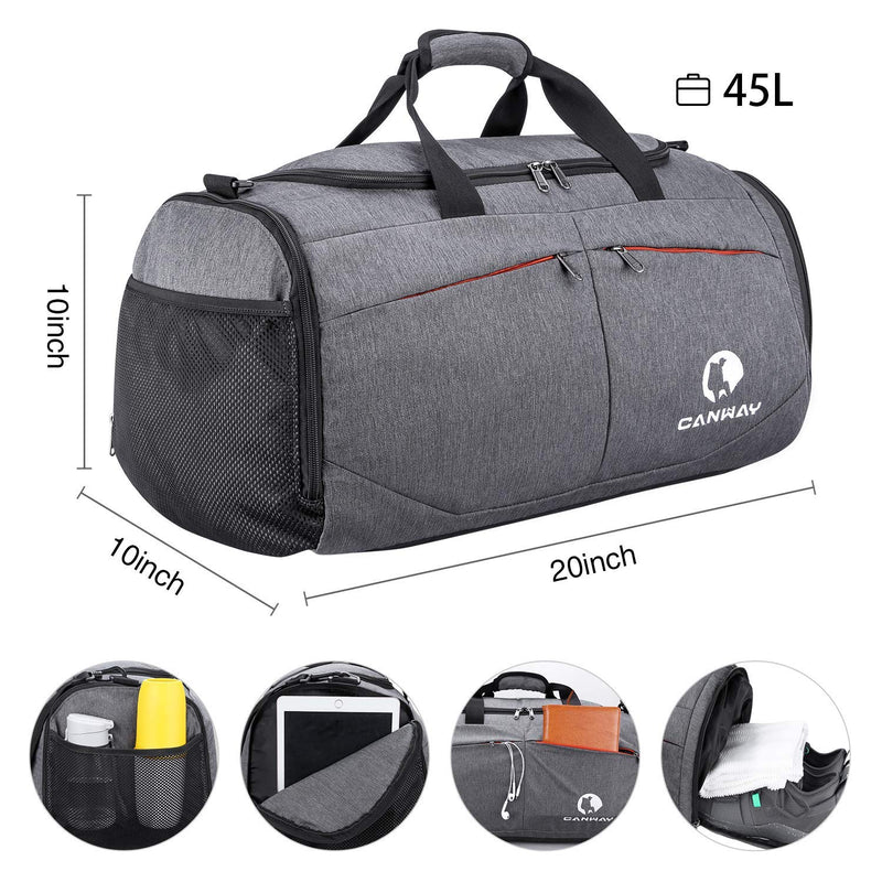 Canway Sports Gym Bag, Travel Duffel bag with Wet Pocket & Shoes Compartment for men women, 45L, Lightweight gray - BeesActive Australia