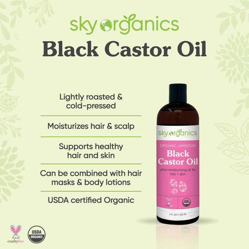 Organic Jamaican Black Castor Oil by Sky Organics (8 oz) USDA Organic 100% Pure Roasted Castor Oil Moisturizing Oil for Hair and Skin Oil Treatment Castor Oil Hair Mask Natural Skin Moisturizer 7.98 Fl Oz (Pack of 1) - BeesActive Australia
