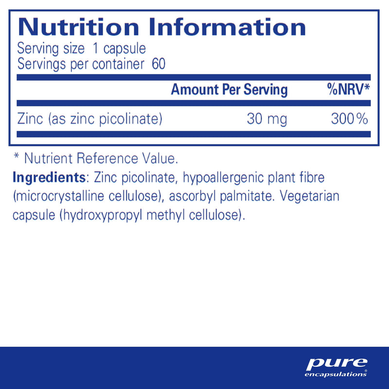 Pure Encapsulations - Zinc 30 - Zinc Picolinate 30mg - Highly Absorbable Hypoallergenic Immune System Supplement - 60 Capsules 60 Count (Pack of 1) - BeesActive Australia
