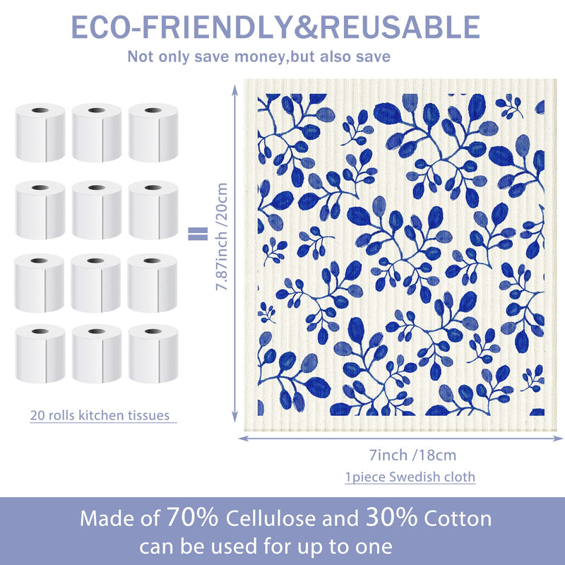 6 Pcs Swedish Kitchen Dishcloths Swedish Dishes Cloths for Kitchen Absorbent Sponge Cloths Kitchen Towels Reusable Cleaning Cloths Quick Drying for Home Kitchen Cleaning Dishcloths (Blue Leaves) Blue Leaves - BeesActive Australia