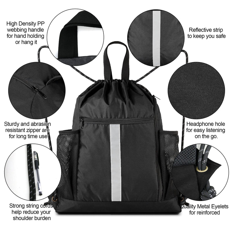 Drawstring Backpack Sports Gym Bag With Shoe Compartment and Two Water Bottle Holder Black 16" x 19.5" - BeesActive Australia