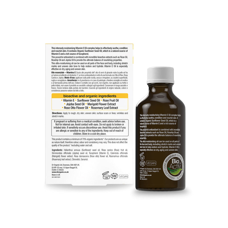 Dr Organic, Organic Vitamin E Pure Oil , Natural , Vegan , Cruelty Free , Paraben & SLS Free , 50 ml (Pack of 1) - BeesActive Australia