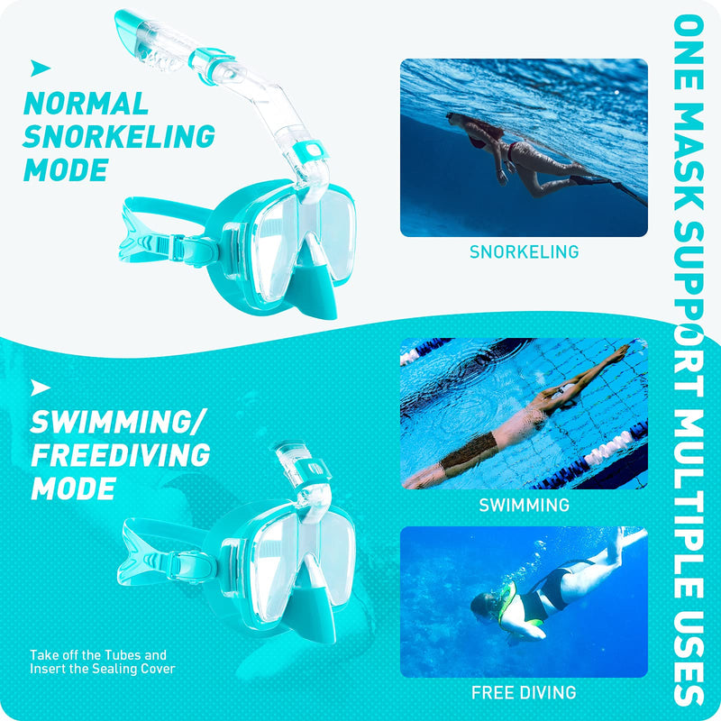 CAPAS Snorkel Mask for Adults | Innovative Design More Airflow Snorkel Set | Easier Breathing Anti-Fog Swimming Diving Mask with Camera Mount | All Dry Top Snorkeling Gear for Adults Youths Men Women Agate Green - BeesActive Australia