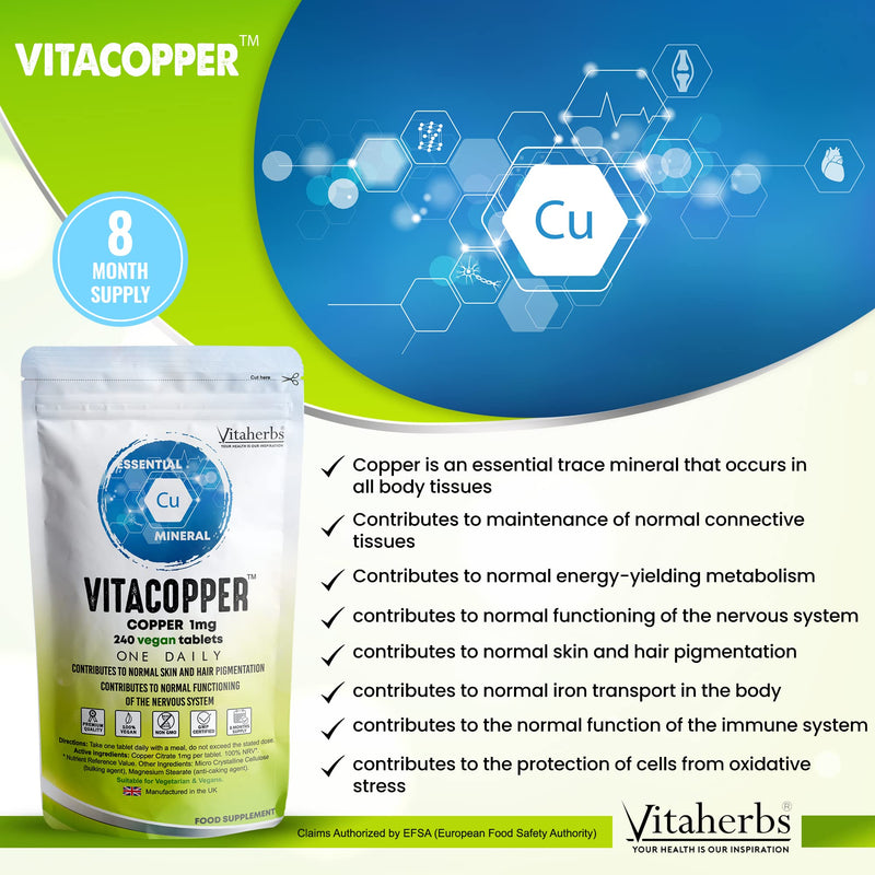 Copper Supplement 1000 mcg 240 Vegan Tablets � Copper tablets � 8 Month Supply-Contributes To Normal Hair And Hair Pigmentation | Nervous System | Immune System | Copper 1mg - Vitacopper by Viateherbs - BeesActive Australia