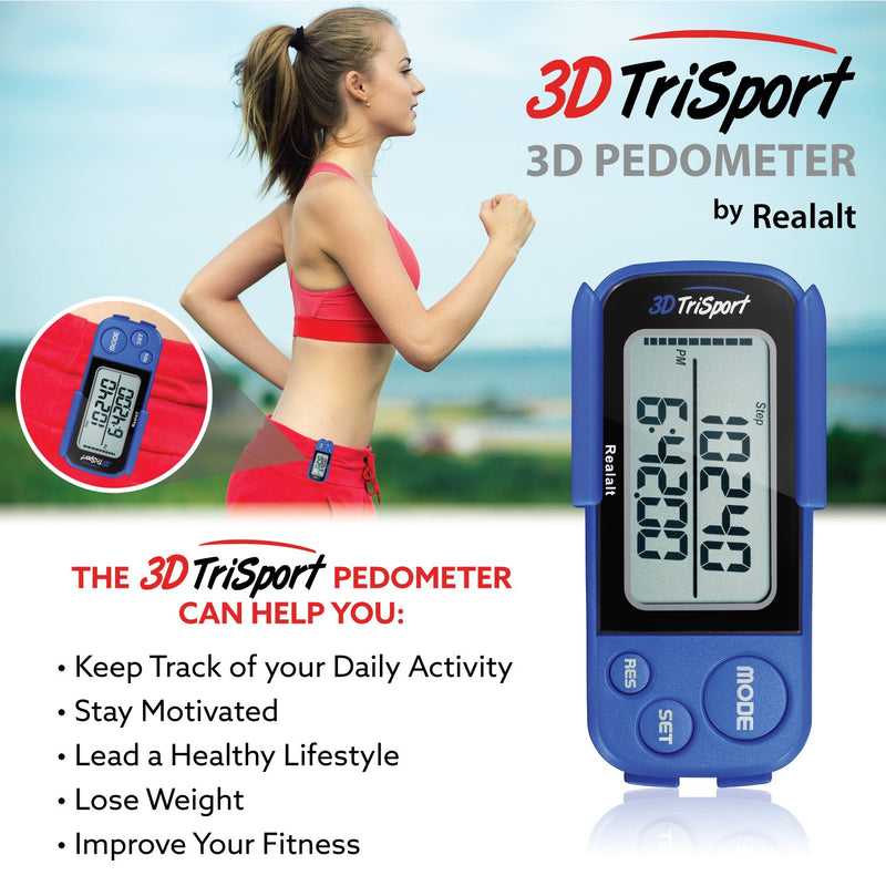 Realalt 3DTriSport Walking 3D Pedometer with Clip and Strap, Free eBook | 30 Days Memory, Accurate Step Counter, Walking Distance Miles/Km, Calorie Counter, Daily Target Monitor, Exercise Time. Blue - BeesActive Australia