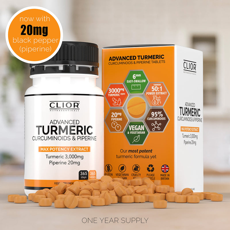 Turmeric Curcumin 3,000mg with Black Pepper x 365 Vegan Tablets High Strength | 1 Year Supply | 95% Curcumins + 20mg Piperine | Tiny Easy-to-Swallow Supplements by Clior (Cambridge Labs) - BeesActive Australia