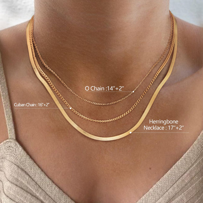 Risamil Gold Necklace for Women, 14K Gold Plated/Silver Layered Necklaces for Women, Dainty Gold Necklace Set Chain Choker Necklace Gold Jewelry Gift for Women and Girls 3 Layered O Chain/Cuban/ Herringbone - BeesActive Australia