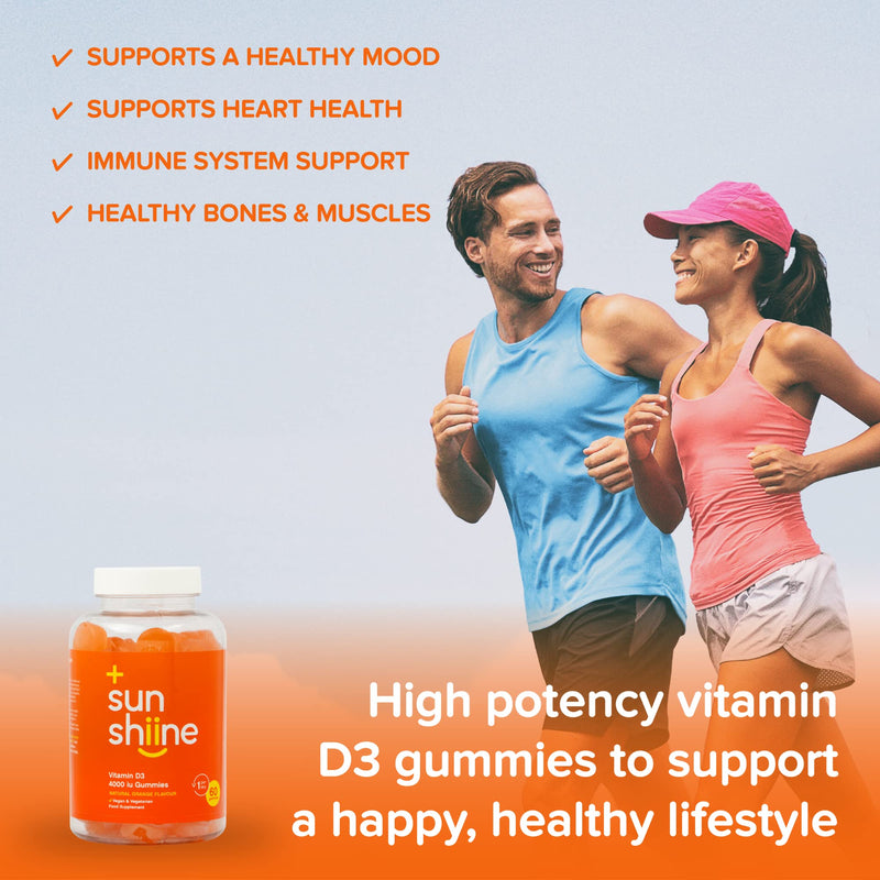 Sunshiine Vegan Vitamin D3 4000 IU Gummies - Vitamin D Important for Immunity & Bones - Vitamin D3 Chewable Gummies 60 Count - Vitamin D Gummies for Adults and Children Above Age 11, Orange Flavour - BeesActive Australia