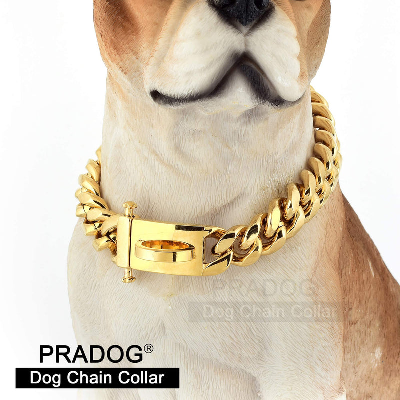 PRADOG Gold Chain Dog Collar Designer Dog Cuban Link Chain Collar with Safty Design Buckle 15MM Metal Stainless Steel Walking Collars (12 to 26in) 18" ( Fits Neck 16" to 17.5") - BeesActive Australia