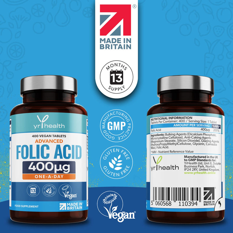 Folic Acid 400 mcg Tablets - 400 Vegan Vitamin B9 Tablets for Women, 13 Month Supply, Folic Acid Pregnancy for Normal Function of Immune System and Maternal Tissue Growth - Made in The UK by YrHealth - BeesActive Australia