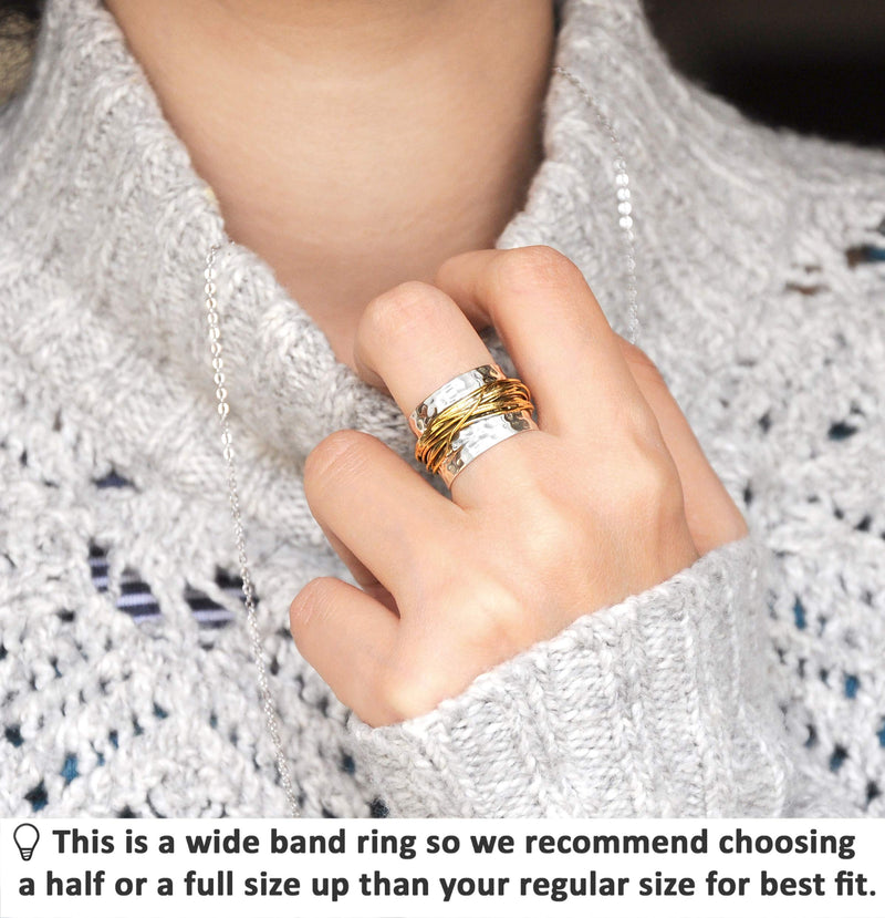Boho-Magic 925 Sterling Silver Band Ring for Women with Brass Wrap Wide Statement Ring 10 - BeesActive Australia
