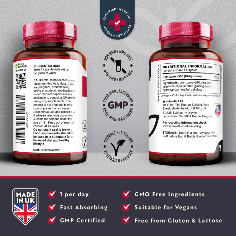 CoQ10 200mg - 120 Vegan Capsules of High Strength Co Enzyme Q10 (4 Months Supply) - 100% Pure and Naturally Fermented Ubiquinone Coenzyme - No Synthetic Additives - Made in The UK by Nutravita 120 Count (Pack of 1) - BeesActive Australia