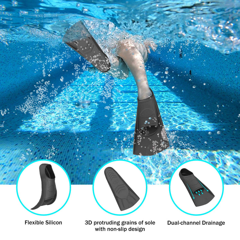 Gintenco Swim Fins, Swim Training Fins for Snorkeling Swimming Diving, Floating Fins Comfortable Swim Flippers Travel Size with Bag for Adults Men Women Kids Black X-Small - BeesActive Australia