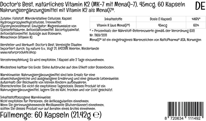 Doctor's Best, Natural Vitamin K2, MK-7 with MenaQ-7, 45mcg, 60 Vegan Capsules, Lab Tested, Gluten Free, SOYA Free, Vegetarian 60 count (Pack of 1) - BeesActive Australia
