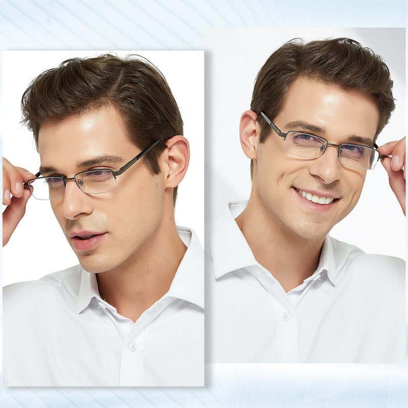 Madison Avenue Metal Half Frame Blue Light Blocking Reading Glasses for Men Spring Hinge 0.0 x - BeesActive Australia