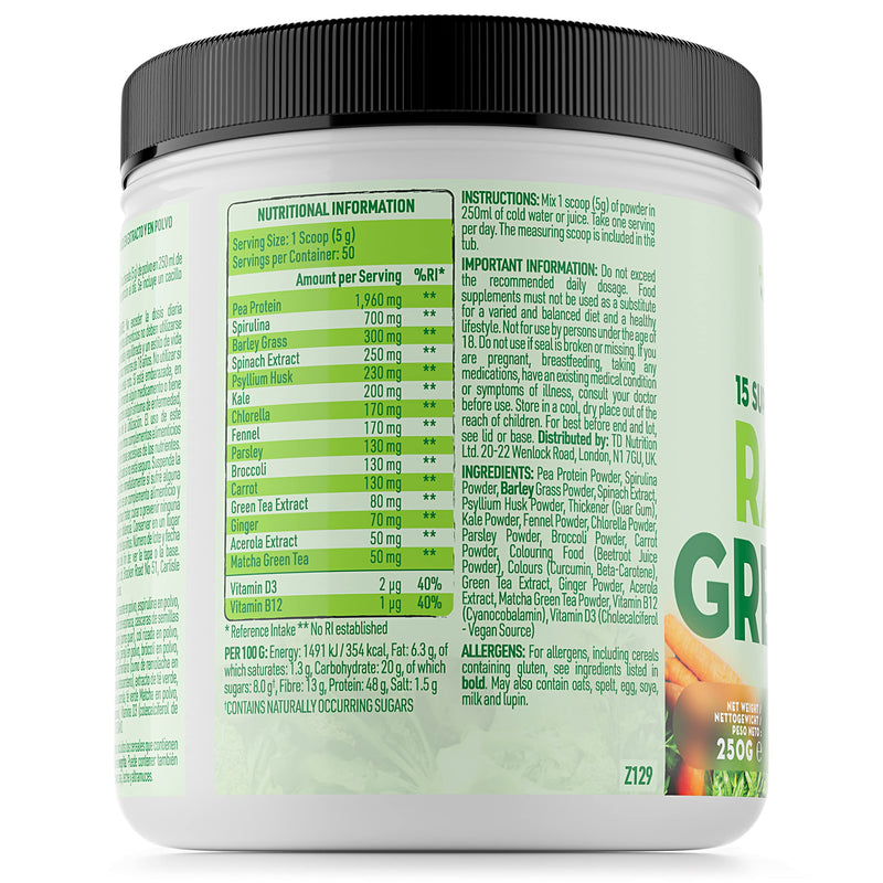 Raw Greens � Ultimate Natural Blend with 15 Premium Superfoods and Vegetables - Vegan Super Greens Powder Including Green Tea, Spirulina, Ginger Root & Pea Protein (50 Servings, 250g) - BeesActive Australia