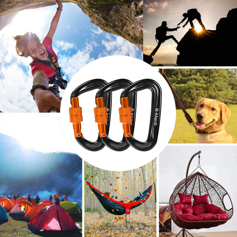 B-Mardi Locking Carabiner Clip Heavy Duty,3 Pack,12Kn (2697 lbs) Lightweight Caribeaners,Screwgate caribeener Clips for Hammock,Keychain,Camping,Dog Leash and Harness,Hiking & Utility A-Screwgate Locking,3 Pack Black/DarkOrange. - BeesActive Australia